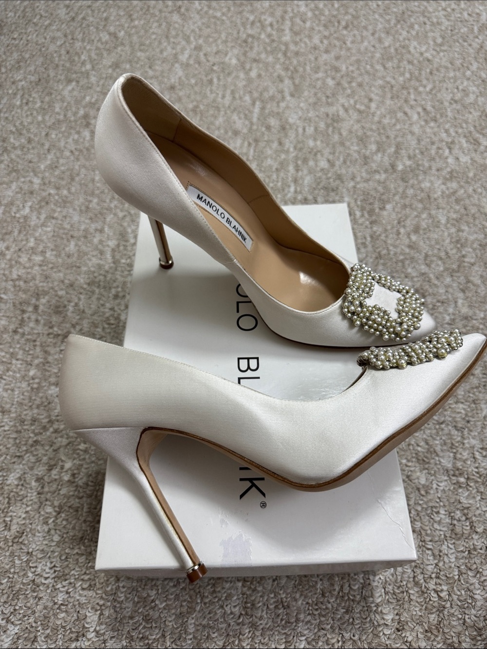 Manolo Blahnik Ivory Satin Pearl & Crystal Buckle Pumps